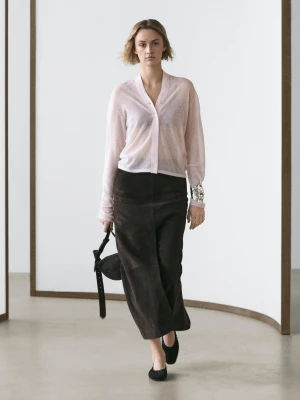 Dzianinowy Kardigan Z Mieszanki Wełny - Roż Past - - Massimo Dutti - Kobieta