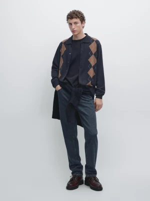 Dzianinowy Kardigan Z Mieszanki Wełny W Romby - Granatowy - - Massimo Dutti - Mężczyzna