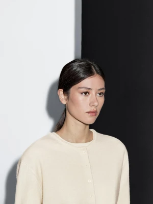 Dzianinowy Kardigan Z Mieszanki Wełny - Waniliowy - - Massimo Dutti - Kobieta