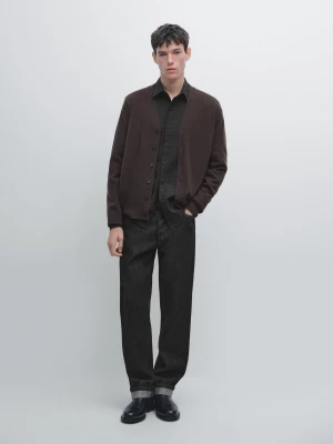 Dzianinowy Kardigan Z Mieszanki Wełny Z Dekoltem W Serek - Czekoladowy - - Massimo Dutti - Mężczyzna