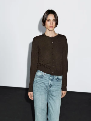 Dzianinowy Kardigan Z Mieszanki Wełny Z Okrągłym Dekoltem - Czekoladowy - - Massimo Dutti - Female