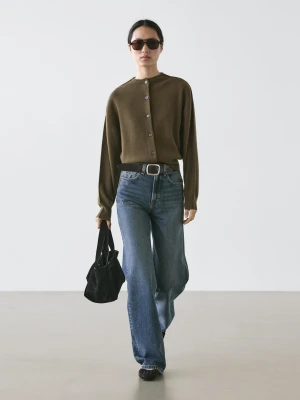 Dzianinowy Kardigan Z Mieszanki Wełny Z Ozdobnymi Szwami - Khaki - - Massimo Dutti - Kobieta