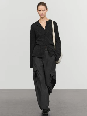 Dzianinowy Kardigan Z Mieszanki Wełny Zapinany Na Guziki - Szary Antracytowy - Massimo Dutti - Female