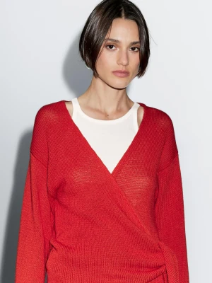 Dzianinowy Kardigan Z Paskiem - Czerwony - - Massimo Dutti - Kobieta