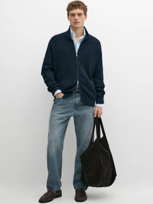 Dzianinowy Kardigan Z Prążkowanej Bawełny 100% - Ciemnoniebieski - Massimo Dutti - Male