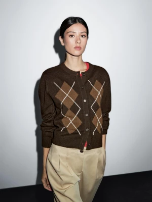 Dzianinowy Kardigan Z Rombem - Brązowy - - Massimo Dutti - Kobieta