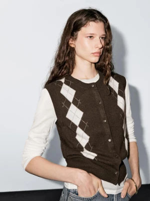 Dzianinowy Kardigan W Romby - Czekoladowy - - Massimo Dutti - Kobieta
