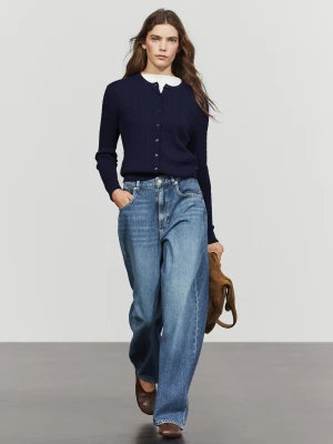 Dzianinowy Kardigan Z Warkoczowym Splotem Ze 100% Bawełny - Błękit Królewski - Massimo Dutti - Female