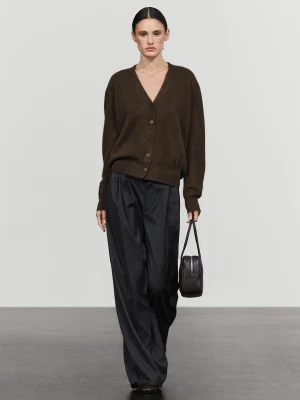 Dzianinowy Kardigan Z Wełną I Dekoltem W Serek Brushed - Brązowy - Massimo Dutti - Female