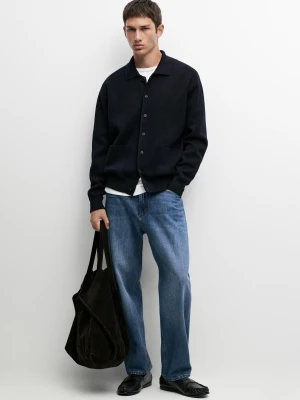 Dzianinowy Kardigan Ze 100% Bawełny Z Kołnierzykiem Polo - Granatowy - Massimo Dutti - Male
