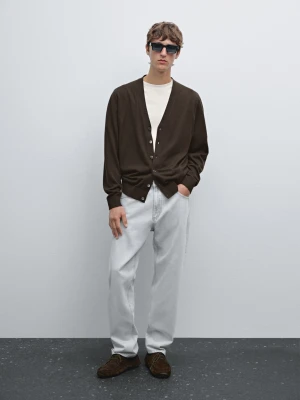 Dzianinowy Kardigan Ze 100% Wełny Merynosów - Brązowy - - Massimo Dutti - Mężczyzna
