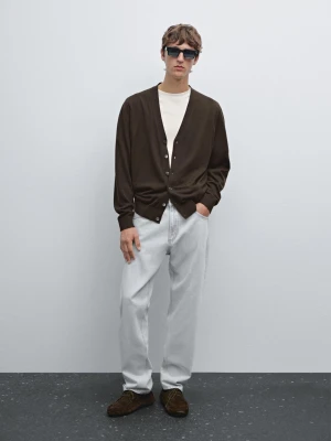 Dzianinowy Kardigan Ze 100% Wełny Merynosów - Brązowy - - Massimo Dutti - Mężczyzna