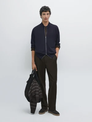 Dzianinowy Kardigan Ze 100% Wełny Merynosów Na Suwak - Granatowy - - Massimo Dutti - Mężczyzna