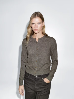 Dzianinowy Kardigan Ze 100% Wełny Ze Złotymi Guzikami - Szarobrązowy - - Massimo Dutti - Female