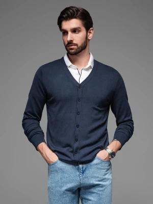 Dzianinowy monochromatyczny męski kardigan z wiskozą – granatowy V1 - Rozmiar: XXL Ombre Clothing