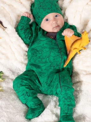 Dzianinowy pajac niemowlęcy dresowy zielony w dinozaury Nicol