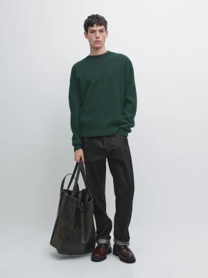 Dzianinowy Prążkowany Sweter Ze 100% Wełny - Butelkowy - - Massimo Dutti - Mężczyzna