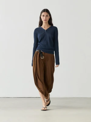Dzianinowy Sweter 100% Len Z Guzikami - Niebieski Atramentowy - - Massimo Dutti - Kobieta