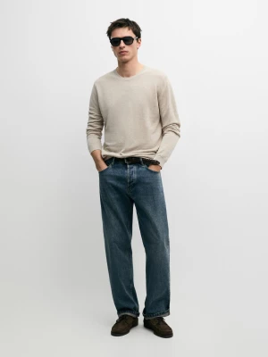 Sweter Dzianinowy Ze 100% Lnu Z Okrągłym Dekoltem - Beżowy - - Massimo Dutti - Mężczyzna