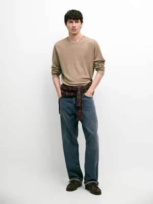 Sweter Dzianinowy Ze 100% Lnu Z Okrągłym Dekoltem - Piaskowy Beż - - Massimo Dutti - Mężczyzna