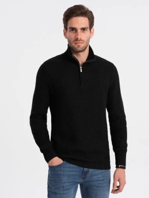 Dzianinowy sweter męski z rozpinaną stójką - czarny V3 Ombre Clothing