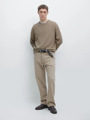 Sweter Z Bawełny O Warkoczowym Splocie - Jansy Khaki - - Massimo Dutti - Mężczyzna