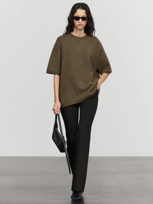 Dzianinowy Sweter Oversize, Krótki Rękaw - Zielonkawy - Massimo Dutti - Female