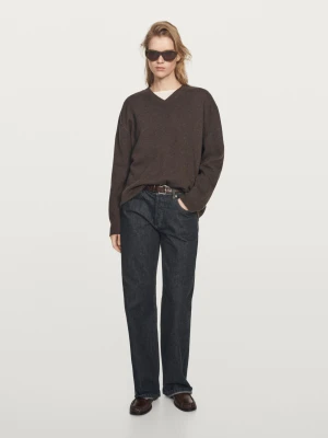 Dzianinowy Sweter Oversize Z Dekoltem W Serek - Brązowy - - Massimo Dutti - Kobieta