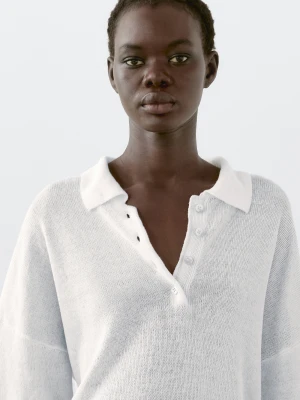 Dzianinowy Sweter Oversize Z Kołnierzykiem Polo - Biały - - Massimo Dutti - Kobieta