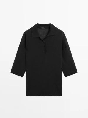 Dzianinowy Sweter Oversize Z Kołnierzykiem Polo - Czarny - - Massimo Dutti - Kobieta