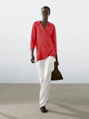 Dzianinowy Sweter Oversize Z Kołnierzykiem Polo - Czerwony - - Massimo Dutti - Kobieta