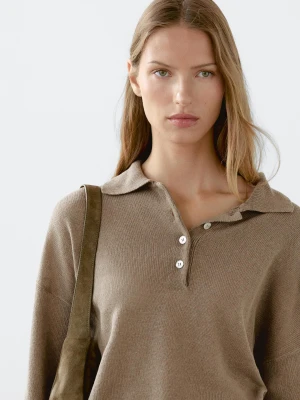 Dzianinowy Sweter Oversize Z Kołnierzykiem Polo - Khaki - - Massimo Dutti - Kobieta