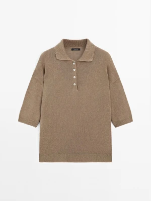 Dzianinowy Sweter Oversize Z Kołnierzykiem Polo - Khaki - - Massimo Dutti - Kobieta