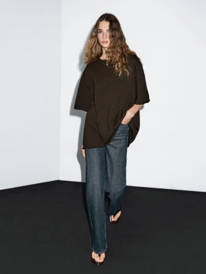 Dzianinowy Sweter Oversize Z Krótkim Rękawem - Brązowy - - Massimo Dutti - Kobieta