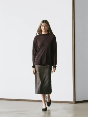 Dzianinowy Sweter Oversize Z Mieszanki Wełny - Brązowy - - Massimo Dutti - Kobieta