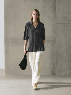 Dzianinowy Sweter Oversize Z Mieszanki Wełny I Jedwabiu - Ołowiany - - Massimo Dutti - Kobieta