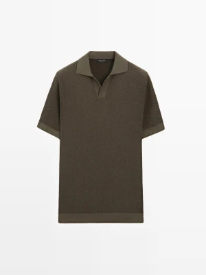 Zdjęcie produktu Dzianinowy Sweter Polo 100% Bawełny O Teksturowanym Splocie - Szarawozielony - - Massimo Dutti - Mężczyzna