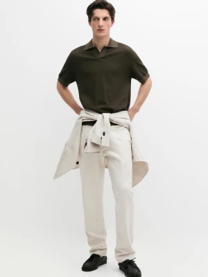 Dzianinowy Sweter Polo 100% Bawełny O Teksturowanym Splocie - Szarawozielony - - Massimo Dutti - Mężczyzna