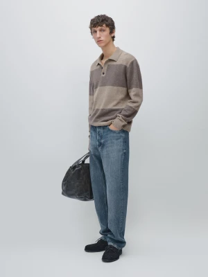 Dzianinowy Sweter Polo W Paski Z Mieszanki Wełny - Szarobrązowy - - Massimo Dutti - Mężczyzna