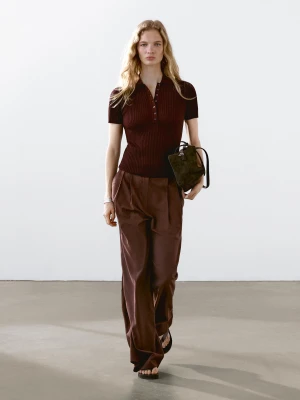 Dzianinowy Sweter Polo Z Mieszanki Bawełny - Bordowy - - Massimo Dutti - Kobieta