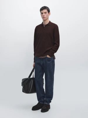 Zdjęcie produktu Dzianinowy Sweter Polo Z Mieszanki Bawełny - Bordowy - - Massimo Dutti - Mężczyzna