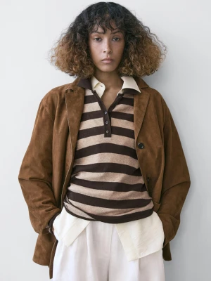 Dzianinowy Sweter Polo Z Mieszanki Bawełny - Brązowy - - Massimo Dutti - Kobieta