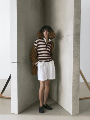 Dzianinowy Sweter Polo Z Mieszanki Bawełny - Brązowy - - Massimo Dutti - Kobieta