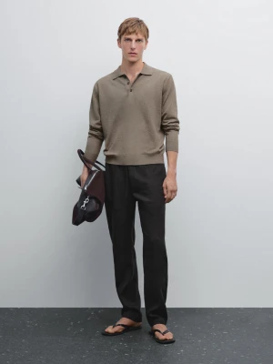 Dzianinowy Sweter Polo Z Mieszanki Bawełny - Khaki - - Massimo Dutti - Mężczyzna