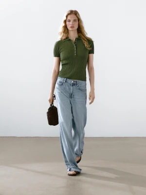 Dzianinowy Sweter Polo Z Mieszanki Bawełny - Oliwkowy - - Massimo Dutti - Kobieta