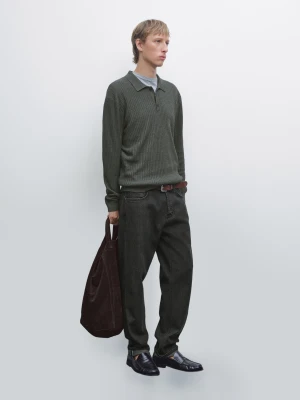 Dzianinowy Sweter Polo Z Mieszanki Bawełny - Szary Średni - - Massimo Dutti - Mężczyzna