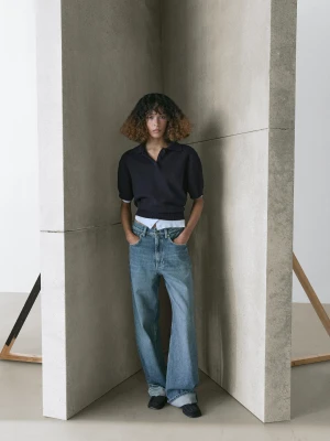 Dzianinowy Sweter Polo Z Mieszanki Wełny - Granatowy - - Massimo Dutti - Kobieta