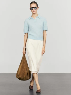 Dzianinowy Sweter Polo Z Mieszanki Wełny Z Alpaki - Wyblak?Y Niebieski - Massimo Dutti - Female