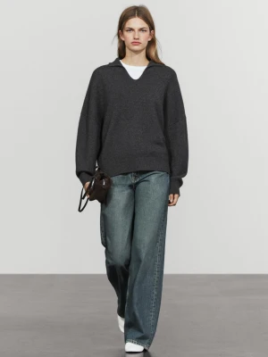 Dzianinowy Sweter Polo Ze 100% Kaszmiru - Ciemnoszary - Massimo Dutti - Female