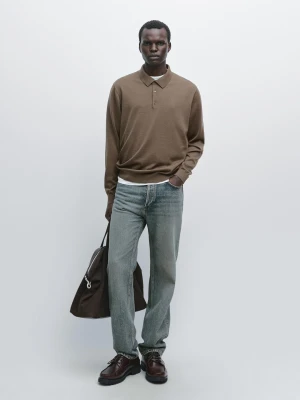 Dzianinowy Sweter Polo Ze 100% Wełny Merino - Khaki - - Massimo Dutti - Mężczyzna